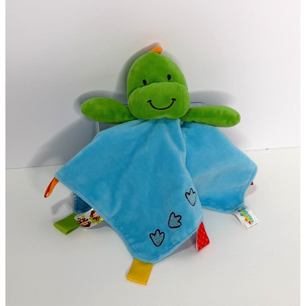 Taggies Plush Green Dinosaur Lovey Blue Security Blanket Satin Back Baby Rattle